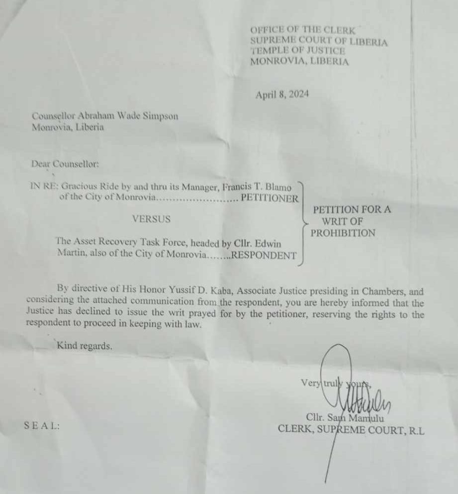 In Gracious Ride Case, Associates Kaba Decline to Issue Writ of Prohibition